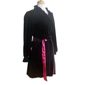 Betsey Johnson Intimates Black Velvet Robe with Pink Satin Accents